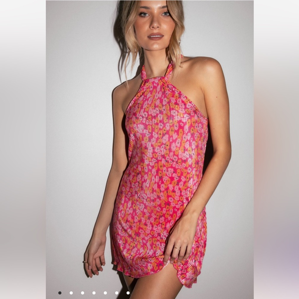 Melody Plisse Halter Mini Dress - Hot Pink
